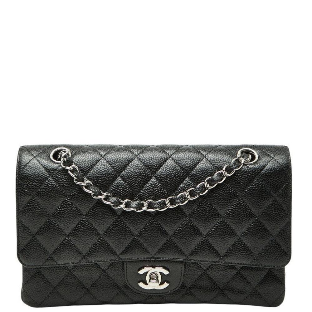 Chanel Matelasse 25 Coco Mark Double Flap Caviar Skin Shoulder Bag Black